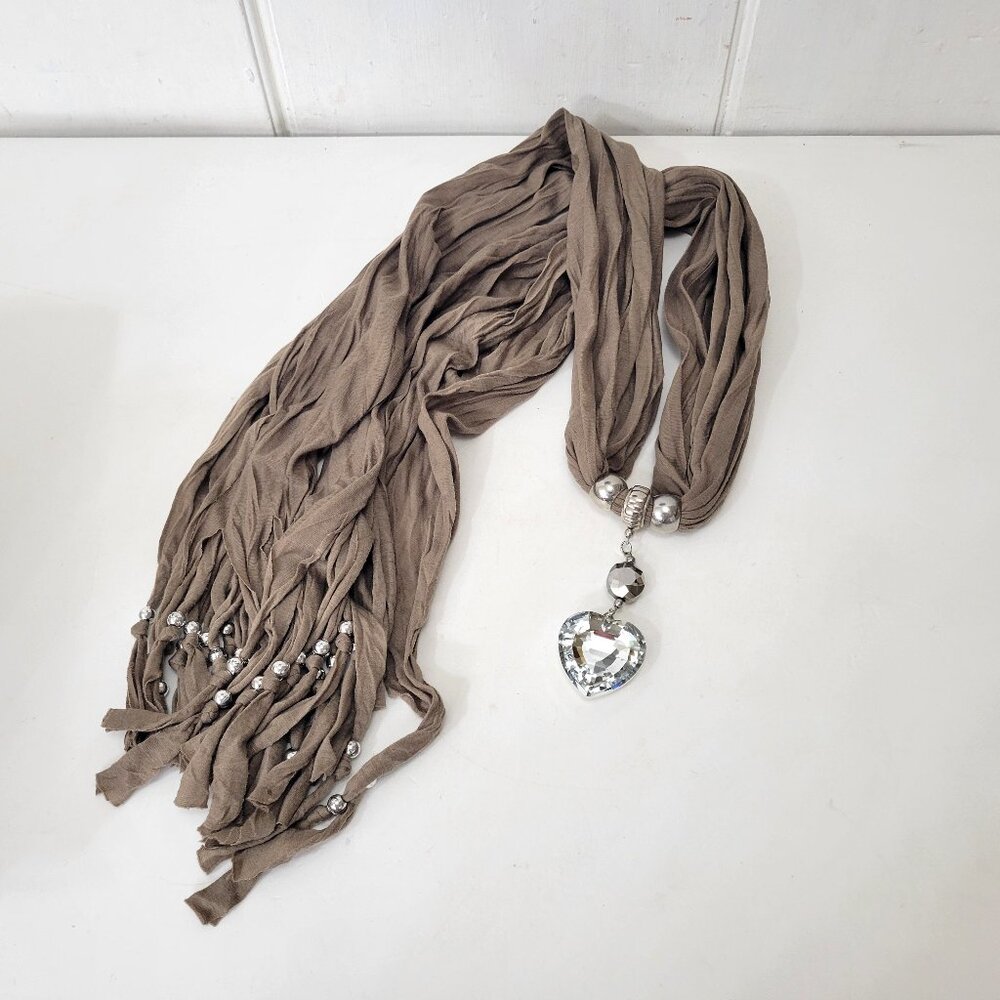 Tan Jersey Jewelry Scarf with Crystal Heart Pendant - Picture 2 of 6